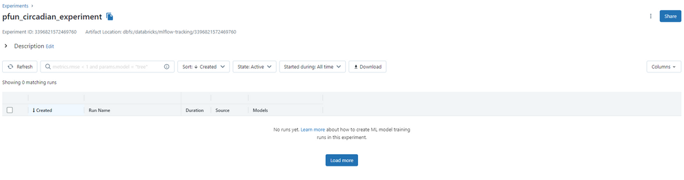 MLflow Experiment UI view (no results showing up)