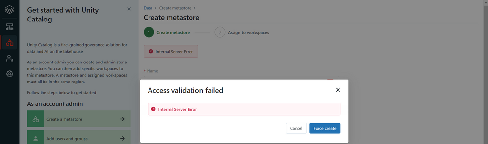 Access validation failed when trying to create a metastore