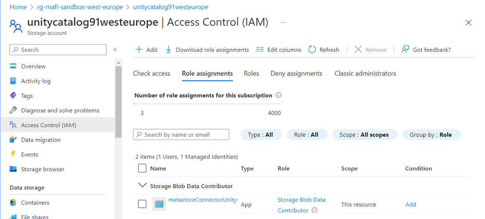 Role assignment to azure databricks connector in the storage account