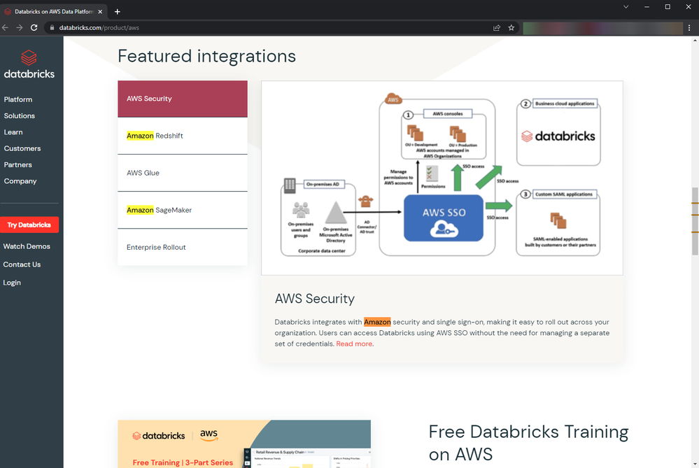 Screenshot of databricks webpage