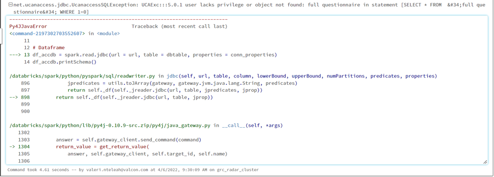 net.ucanaccess.jdbc.UcanaccessSQLException_ UCAExc___5.0.1 user lacks privilege or object not found_ full questionnaire in statement [SELECT _ FROM  &amp;#34;full questionnaire&amp;#34; WHERE 1=0]