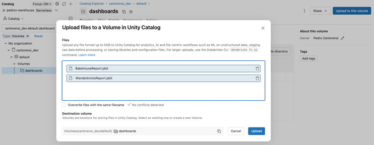 Upload your dashboard files to a Volume in the Unity Catalog