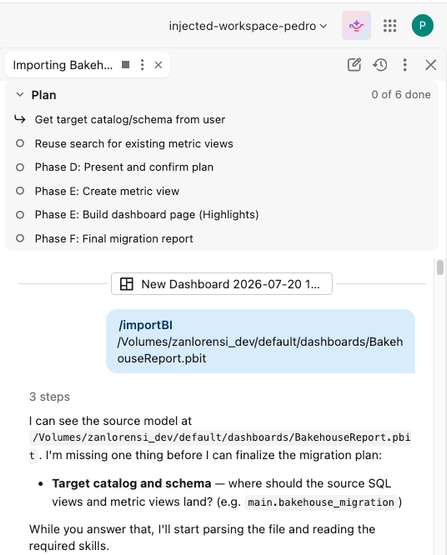 Genie Code confirming the target catalog and schema for the Metric Views