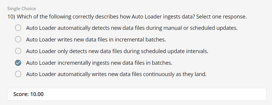 Which of the following correctly describes how Auto Loader ingests data_ Select one response.