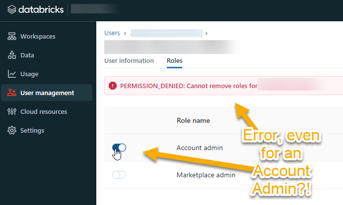 Databricks Permssion Error - Cannot Disable Original Account