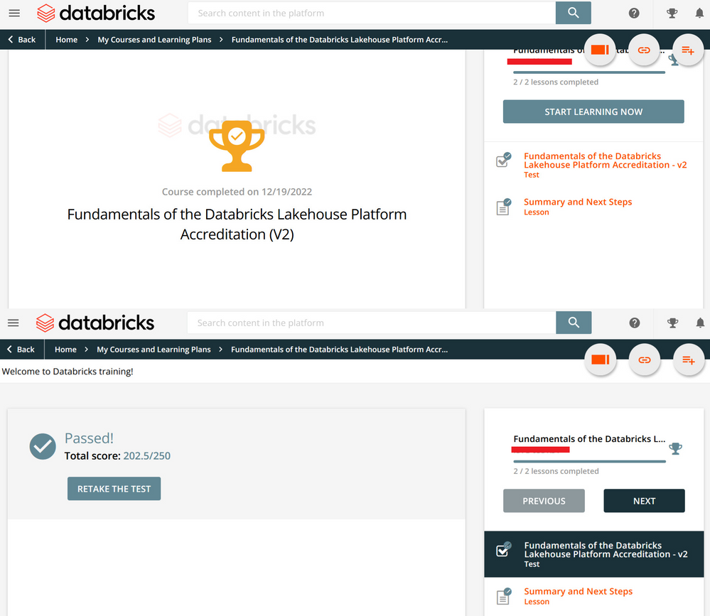 Databricks Lakehouse Exam Score Screenshot 1