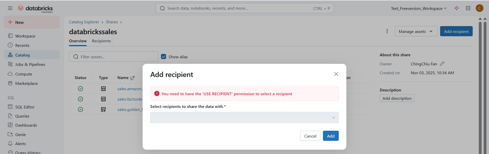 Solved: Use Delta Sharing with Databricks Free version , b ...