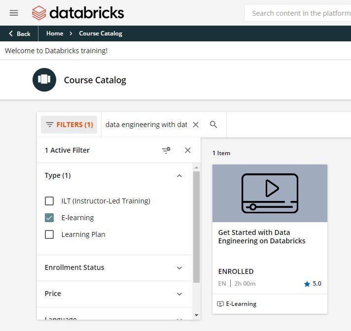 Catalog contains no course for self-paced e-learning for Data engineering